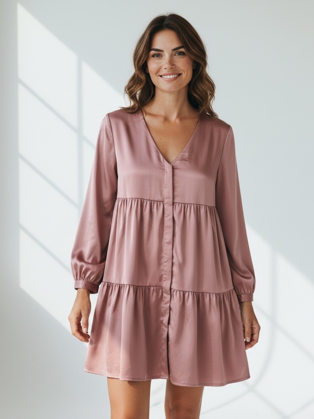 Divided Dusty Rose V-Neck Tiered Mini Dress M